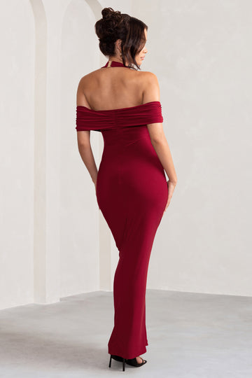 Anisa Burgundy Halter Neck Bardot Maxi Dress With Thigh Split
